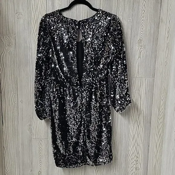 ICHI Wilde Black Silver Sequin Long Sleeve Dress V Neck Open Back Medium NEW - Picture 4 of 13
